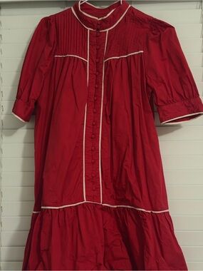 TCEC Red Button-Front Midi Dress with Piped Trim